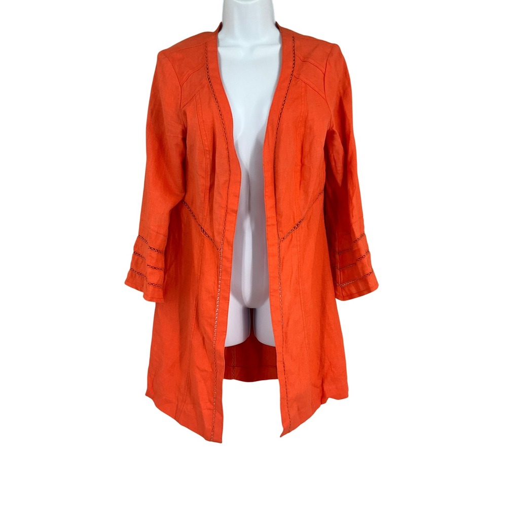 Lena Gabrielle Blazer Womens 6 Orange 100% Linen Crochet Trim Open Front Duster